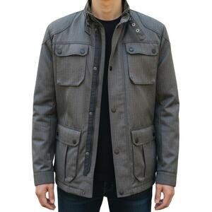 Guess Gunner Jacket Military Style Pea Coat Quilted Lined Gray Herringbone Men L